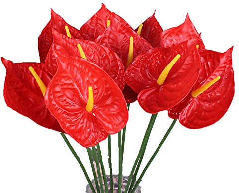 JOSON Lot de 8 fleurs de lys artificielles en anthurium de 68,6 cm pour décoration d'intérieur, bouquet et feuilles vertes, arrangement floral de mariage (rouge)