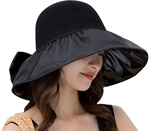 Strohhut Damen Sommer Sonnenhut UPF 50+ Strohmütze Schleife Tasche Sonnenmütze Tragbar Strandhut Kinnband Sonnenstrohhut Weich Faltbar Strandmütze Elegant Sommerhut Mädchen Strand Outdoor Schwarz