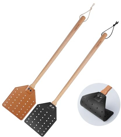 DEBETOOL Robuste Fliegenklatsche aus Leder für drinnen – (50 cm) Langer Griff, robuste Holz-Fliegenklatsche mit Seil zum Aufhängen, Mücken und Bienen, 2 Stück | Robuste Insektenklatsche für drinnen und draußen, rustikale hängende Fliegenklatsche mit Seil