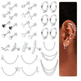 Chriscoco 33Pcs Helix Piercings 𝐂𝐡𝐢𝐫𝐮𝐫𝐠𝐞𝐧𝐬𝐭𝐚𝐡𝐥 Piercing Ohr Tragus Piercing Ohrstecker Gold/Silber/Schwarz Damen Creolen Ohrringe mit Kette Conch Daith Tragus Knorpel Piercing Set