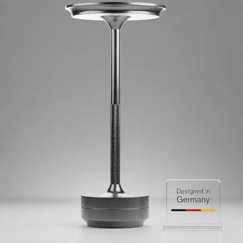 TAP Light Retro Tischlampe Silber Dimmbar I Aluminium Vintage Lampe mit modernem Design I 28cm Hoch Akku betrieben I Elegante Nachttischlampe egal für Wohnzimmer, Esszimmer& Schlafzimmer