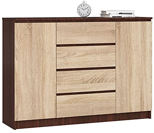 AKORD Kommode K 140 cm 4 Schubladen und 2 Türen | zum Wohnzimmer Schlafzimmer Arbeitszimmer | Modernes funktionales Design | Schichtstoffplatte Farbe Wenge/Sonoma