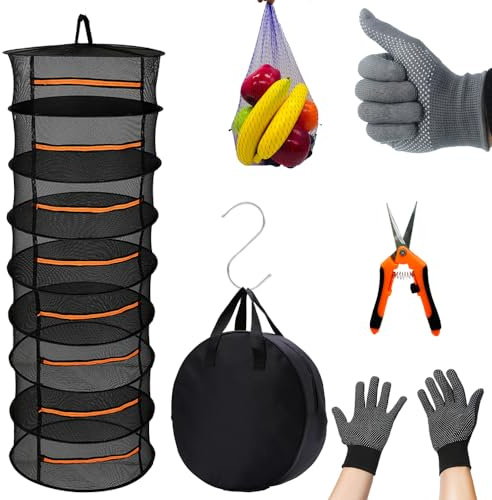 Fycooler Kräuter Trocknen,8-Lagiges 170cm Trockengestell Kräuter Durchmesser 60cm,mit Gartenhandschuhe,Baumschere,S Haken,Groß Faltbar Kräutertrockner für Pflanze,Blumen,Zwiebeln,Fisch,Gemüse