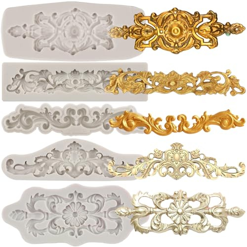 MYPRACS 5 Stück Barock Stil Schnörkel Spitze Silikon Fondant Formen Relief Blumenform filigrane Form für Zucker Kuchen Dekoration Polymer Ton Süßigkeiten Schokolade Gummipaste