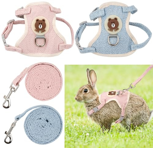 2 Stück Kaninchen Leine,Verstellbare Hasenleine,Kaninchen zubehör | 120cm Weiches Geschirr Für Kaninchen, Katzen, Kleine Hunde Und Andere Kleine Haustiere (Blau und Rosa)