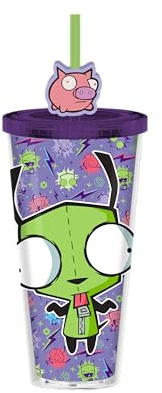 Silver Buffalo Invader Zim GIR Carnival plastmugg med lock och sugrör | Rymmer 24 uns