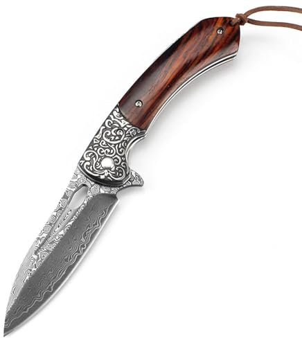 Joa Couteau de poche Damas de qualité supérieure - Couteau pliant - En acier damassé - Petit couteau d'extérieur - Couteau de survie - Couteau de chasse EDC - Manche en bois avec clip