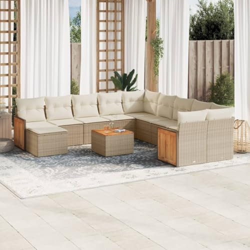 Rantry 12-TLG. Gartenmöbel Set mit Kissen Gartensofa Balkonmöbel Gartenlounge Loungesofa Sitzgruppe mit Gartentisch Rattansofa Ecksofa Ecklounge Loungemöbel Beige Poly Rattan