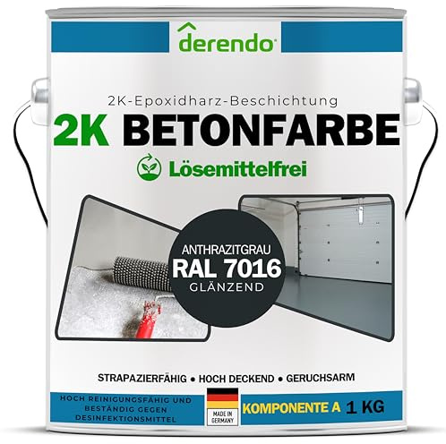 derendo 2K Lack Epoxidharz Bodenbeschichtung anthrazit grau RAL 7016 Betonfarbe für INNEN & AUSSEN Garagenfarbe Terassenboden Bodenbelag Fliesenfarbe wetterfest LÖSEMITTELFREI (1 Liter)