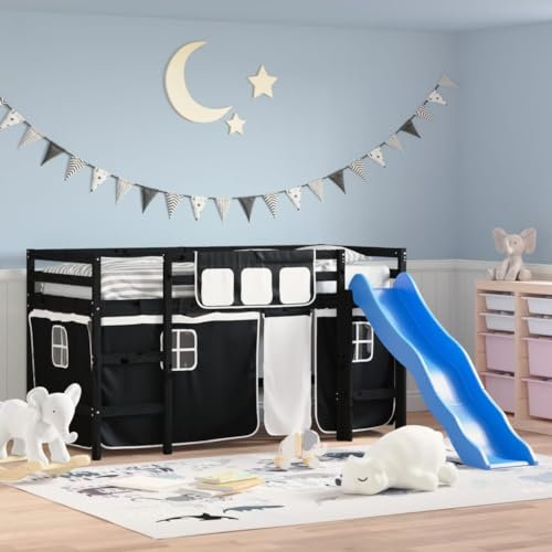 THOYTOUI Kinderhochbett, Polsterbett Seniorenbett Tagesbett Betten Geeignet für Mehrbettzimmer Gästezimmer Schlafzimmer Hotel mit Vorhängen Weiß Schwarz 90x190 cm Kiefernholz