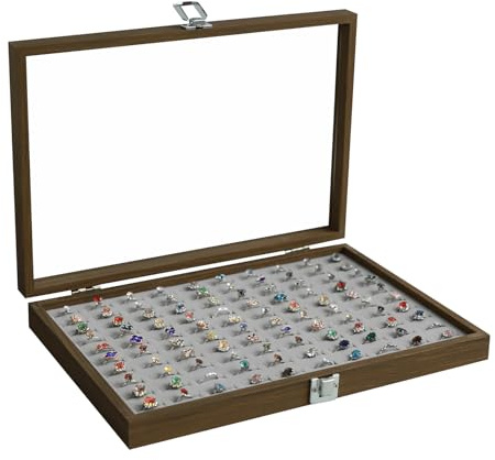 Stratalife Ringorganizer mit 100 Schlitzen, Holz-Schmuckschatulle für mehrere Ringe | Vintage-Box für Knöchel, Gelenkfinger, Midi-Ringe, Schmuckvitrine, Frauengeschenk, 35 cm x 24 cm x 5 cm, Grau