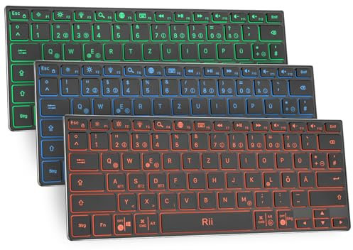 Rii Tastatur Kabellos Büro, Mini Tastatur Bluetooth mit 3 Bluetooth Kanäle, Kleine Tastatur Office ist Wiederaufladbarkeit, Tastatur Flach ist Ultradünn, Bluetooth Tastatur Beleuchtet