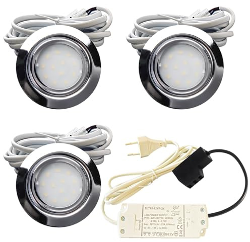 Lichtfaktor24 3er Set LED Möbeleinbauleuchten New Lina – IP44, 12V, 2,4W, 200lm, 4000K Neutralweiß – flach Ø72 mm, Bohrloch 54–60 mm – Chrom glänzend, inkl. Trafo, AMP-Verteiler & 230V Netzstecker