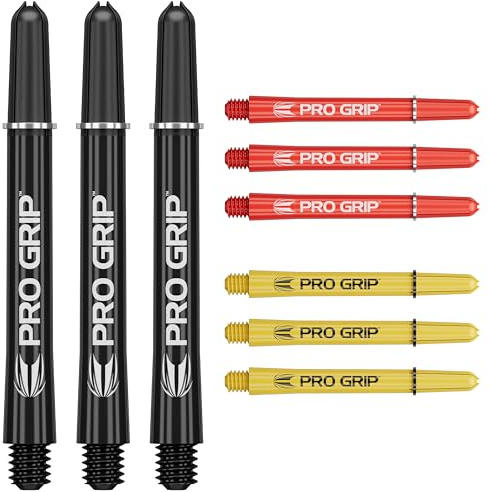 Target Darts Pro Grip Shafts - 9er Set | 3 Farben, Multicolour | 3 Größenoptionen (Kurz, Mittelstufe, Mittel) | Dartstiele, professionelles Dart-Zubehör, 2BA Shaft Multipack mit Ringen