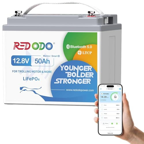 Redodo 12V 50Ah Bluetooth LiFePO4 Batterie mit 50A BMS, 640Wh, IP65 | Ideal für die Stromversorgung von Wohnmobilen, Notstromaggregaten, Solaranlagen, Elektromotoren und Bootsausrüstung.