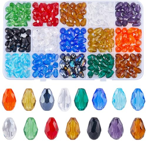 SOFPLATE 1 Box 300 Stück 15 Farben Facettierte Glasperlen Tropfenform Glasperlen Bunt zum Auffädeln Loch 12mm Sonnenfänger Perlen Glaskristall Großpackung Zur Schmuckherstellung Perlenzubehör DIY