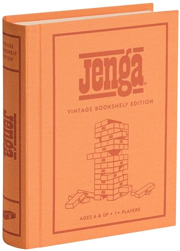 WS Game Company Jenga Vintage Bookshelf Edition, Linen Wrapped Book Box & Slipcase, 54 Hardwood Blocks & Stacking Sleeve, Classic Jenga Game for Adults & Kids, Ages 6+
