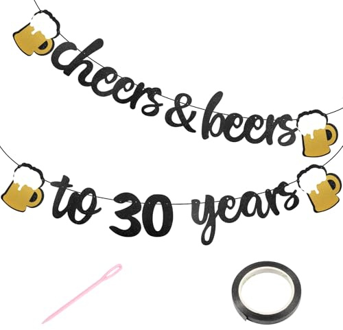Birthday Party Girlande, Glitzer Banner Cheers&Beers to 30 Years | Geburtstag Banner Deko, Schwarz Gold 30. Girlande, Happy Birthday Banner für Männer Frauen 30 Jahre Geburtstag Jahrestag