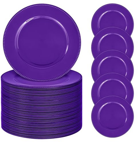 50 Pcs Purple Charger Plates Bulk, 13 Round Beaded Plate Chargers for Dinner Plates, Decorative Dinner Chargers Plastic Table Chargers for Wedding Holiday Party Baby Shower Event Decoration (Purple)