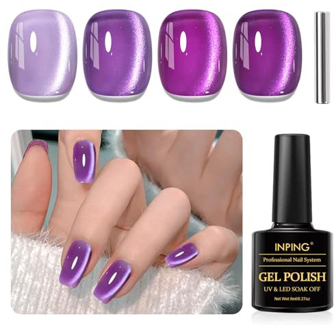 INPING UV Nagellack Jelly CatEye Magnet, 4 Farben Violett lila Kristalle Cat Eye UV Gel, Nagellack Soak Off Nail Polish für Frauen zu Hause French Maniküre Kit, 8 ML