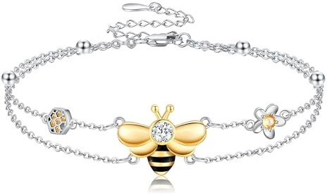 DAYLINLOVE Bee Bracelet 925 Sterling Silver Double Layered Chain Bee Jewellery Gifts for Women