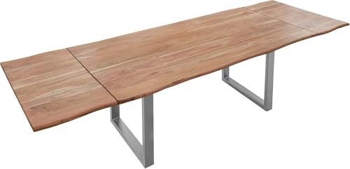 SAM Baumkantentisch 120 (200) x 90 cm Norina, Akazienholz massiv & stonefarben lackiert, Esszimmertisch inkl. 2 Ansteckplatten, echte Baumkante, Esstisch mit U-Metallgestell in Silber