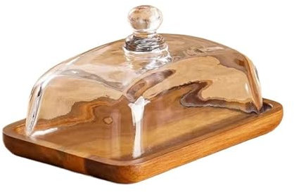 mantequillera Plato Rectangular de Madera for Mantequilla con Tapa de Vidrio, Plato Amarillo for Aceite, Aperitivos, Dim Sum, Pasteles, postres Porta Mantequilla(Dark Brown)