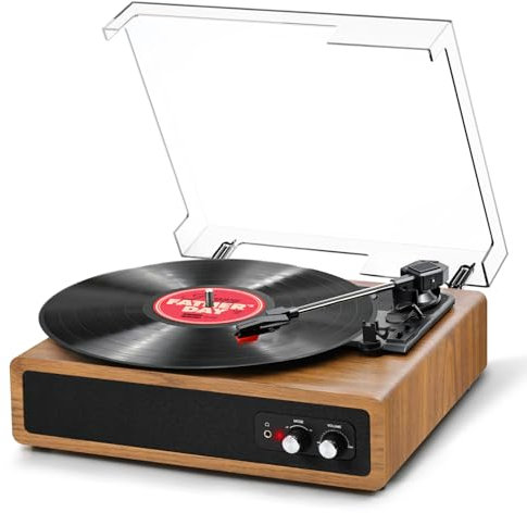 FYDEE Record Player, Dual-Way Bluetooth Vinyl Player Driven by Belt 3 Speed, Vinyl Record Player with Built-In 2 Stereo Speakers, Portable Retro Turntable Supports RCA Output, AUX Input - Orange