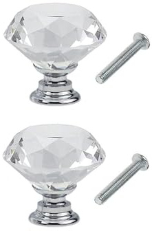 2 Pcs 40MM Crystal Door Knobs, Silvery Glass Drawer Cabinet Pulls with Screws, Decorative Handle Pullers for Cupboard, Closet, Kitchen, Office, and Home Furniture Drawer Hardware Upgrade