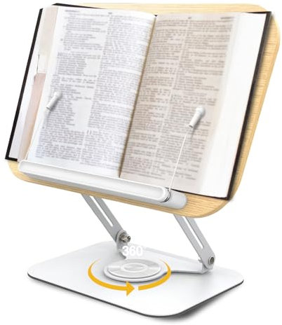 Soporte de lectura, soporte ajustable de madera para libros de cocina, giratorio 360°, soporte plegable para leer, expositor con clip lateral para recetas, revistas, tablets, portátiles, elegantes
