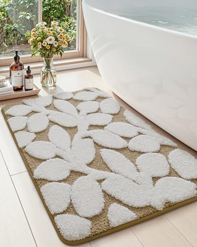 DEXI Bathroom Rugs Non Slip, 20x32 Washable Microfiber Bath Mat Quick Dry, Absorbent Ultra Soft Leaf Plant Bathmat for Shower Floor Tub Sink, Brown