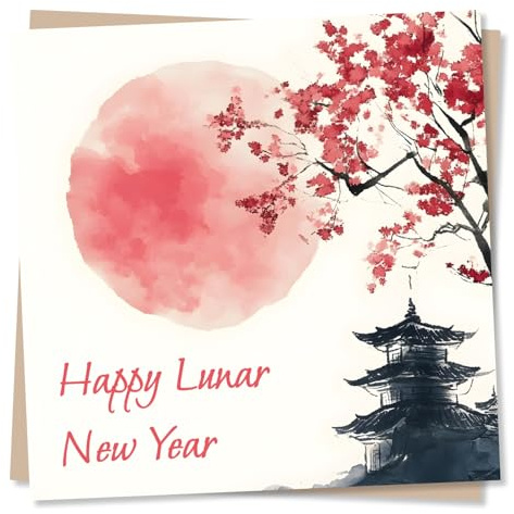 Beautiful Happy Lunar New Year Card For a Loved One, Friend, Relative, Colleague - Cherry Blossom, Mountains, Temple - For Chinese New Year