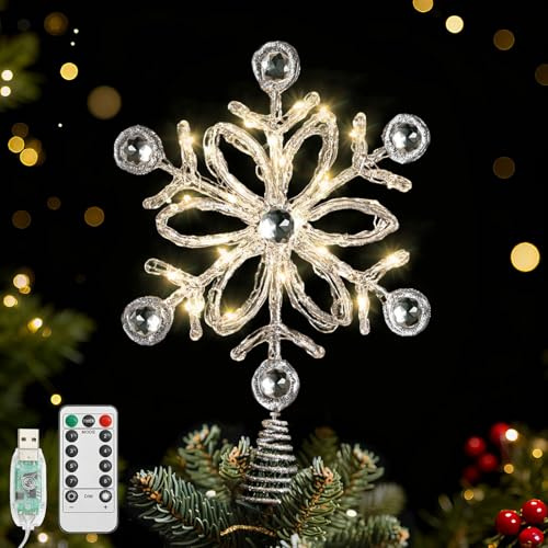 Lewondr Puntale Per Albero Di Natale A Fiocco Di Neve, 13'' 20 LED Puntale Natalizio In Resina Lucida Con Diamante, Timer 6 Ore E 8 Modalità Telecomando USB, Decorazione Per La Casa, Argento