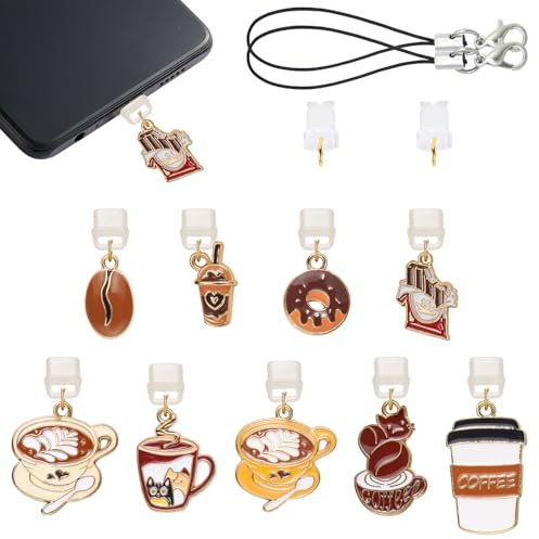 WEWAYSMILE Lot de 9 pièces bouchons anti-poussière de type C USB-C avec pendentifs en alliage café mignons - Protection de port de charge pour téléphones portables et lecteurs - Cadeau
