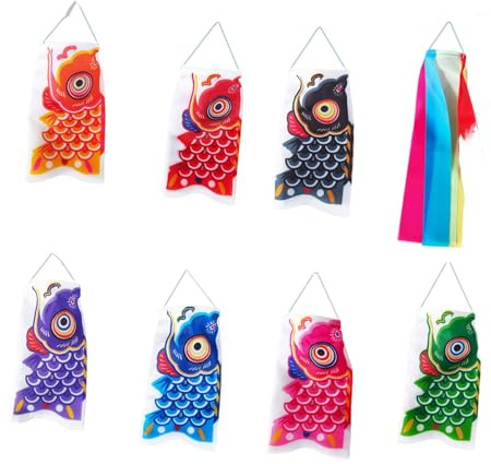 Milageto 7Pcs Carp Banner Flags Japanese Carp Windsock Streamer Festival Hanging Decor Kite for Backdrop Patio Celebration Window, with Tassel