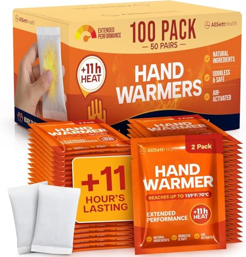 Bulk Hand Warmers Disposable - 50 Pairs (100 Ct) - Hand Warmer Packs | 11+ Hour Air-Activated Heat Hand Warmers Disposable - Easy Activation Handwarmers - Pocket & Glove Warmers for Skiing