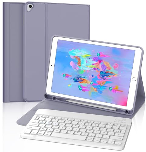 FOGARI - Carcasa para iPad 6/5ª Generación 2018 2017/Pro 9.7/Air 2/1 (teclado Azerty francés inalámbrico, desmontable, funda con lápiz para iPad de 9,7 pulgadas, color morado