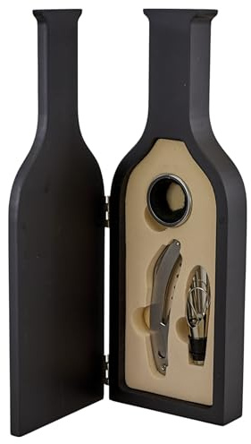 Doni Bomboniere Matrimonio 1 pz Set Vino da 3 Pezzi Anniversario Confezione A Forma di Bottiglia Piatta Che Si Apre metà Interno Beige Contiene Accessori: Cavatappi Anello Salvagoccia Tappo Versatore