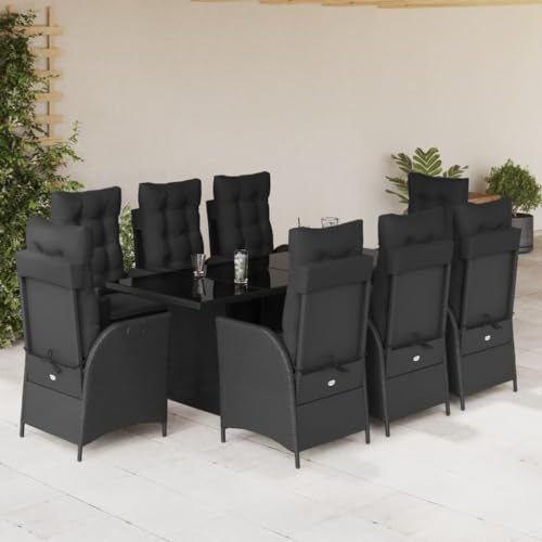 QUAHEAS 9-TLG. Garten-Essgruppe Schwarz, verstellbare Rattan-Sessel mit Kissen, 190x80 cm Esstisch aus Hartglas für Terrasse, Balkon, Essbereich