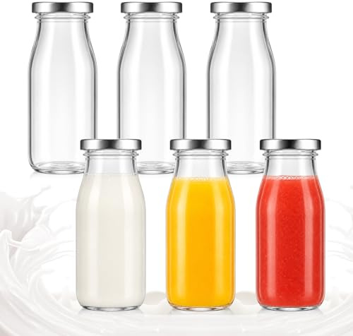 GKLILOV Glass Milk Bottles With Lids, 6 Pcs Glass Juice Bottles, 8.5oz/250ml Reusable Milk Bottle Glas Bottless Shot Bottle for Juices Syrup Sauces Smoothies and Sauces (silvery)
