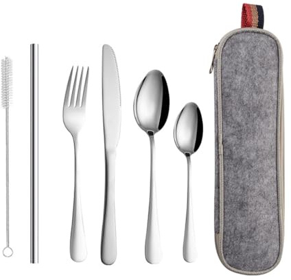 Bärbart bestickset för 1 person, 7 delar rostfritt stål resebestick med fodral, campingbestick inklusive kniv gaffel sked sugrör och borste, diskmaskinssäkra bestick för resor