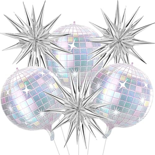 Disco Ballons,6 PCS Argenté Ballon Disco,Ballons en Aluminium Discos,Ballons Aluminium Étoile,Foil Ballons Discos,Ballon DiscoParty pour Fête de Danse Disc Fête d'Anniversaire Mariage Anniversaire