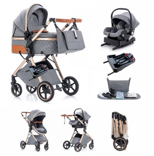 Kakbgee 3 in 1 Kinderwagen, Buggy Faltbar, 7-höhenverstellbarem Griff | Babyschale & Basis, 4-Rad Federung, Regenschutz, Moskitonetz, Kombikinderwagen für Neugeborene 0-3 Jahre (15kg), Subgrau