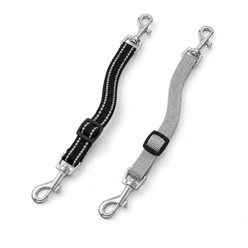 2Pcs Dog Collar Clips, Adjustable Double Ended Lead Backup Clasp Clip, Reflective Nylon Collar Safety Clips to Harness Connector Link for Dog Walking, Training, Pets Outdoor Activities (Black, Grey)