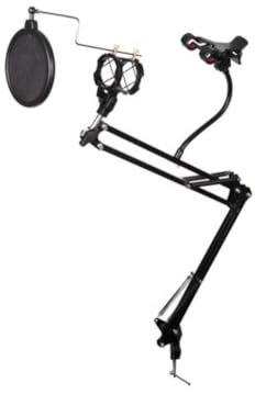 HQ-Power Mikrofontischstativ mit Handyhalter und Pop-Filter, 360° drehbar, Reichweite bis zu 70 cm