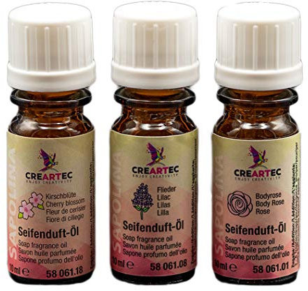 CREARTEC Seifenduftöl Set Frühling - bestehend aus Bodyrose, Kirschblüte & Flieder - Seifenaroma zur Herstellung von individuell duftenden Seifen, Badekugeln, uvm. - Vegan - 3x10ml - Made in Germany