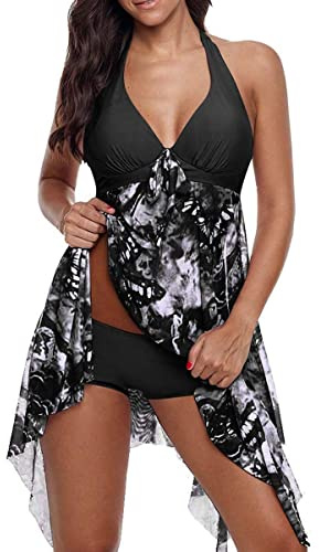 CIZEUR Tankini Donna Push up Due Pezzi Costume da Bagno Taglie Forti con Pantaloni Nero, L