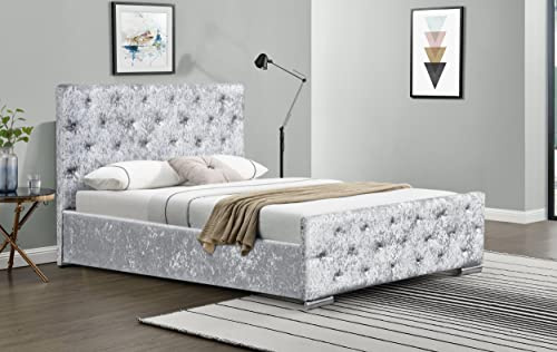 Comfy Living Crushed Velvet Diamante Chesterfield Upholstered Bed In Silver (4ft6 Double, No Mattress)