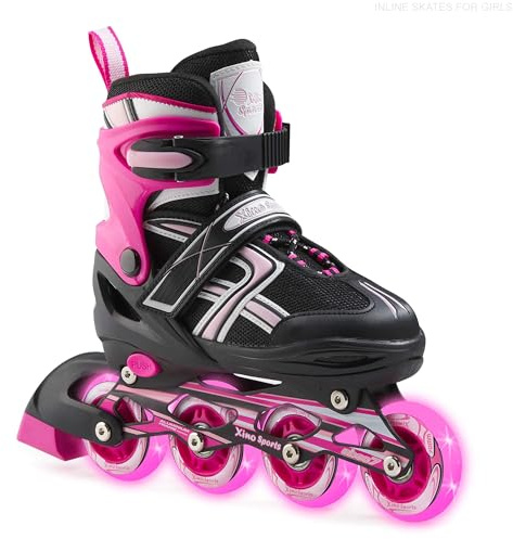 XINO SPORTS Adjustable Inline Skates for Boys and Girls - Pro Quality - Beginner Friendly with Illuminating LED Light-Up Wheels, for Indoor and Outdoor Skating (Fuchsia, Medium - 1-4)
