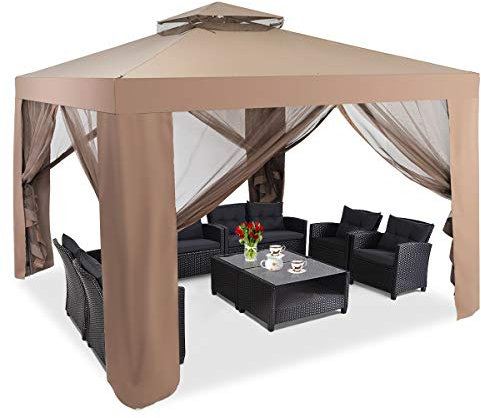 COSTWAY 3m x 3m Outdoor Gazebo, Pavilion Canopy Tent with Zipped Mesh Side Walls, 2-Tier Roof Marquee Shelter for Patio, Backyard, Garden Event (Brown)